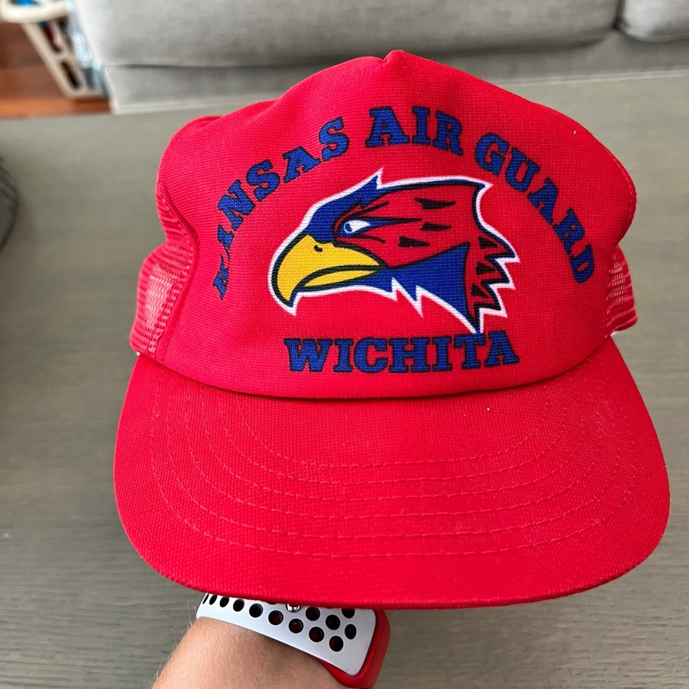 VTG 80's Wichita Kansas Air Guard Hat Trucker National Force Jayhawk Red